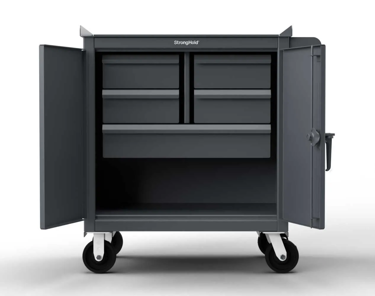 Stronghold Security Enhanced Five Drawer Mobile Cart With Vise Shelf